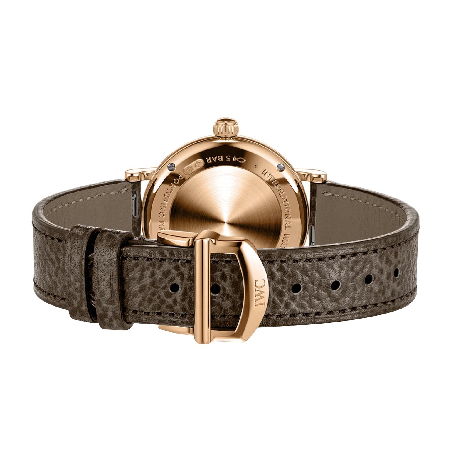 Brown leather strap with gold buckle, displaying the back of an IWC Schaffhausen Portofino Automatic Day & Night 34 watch with engraved gold case.