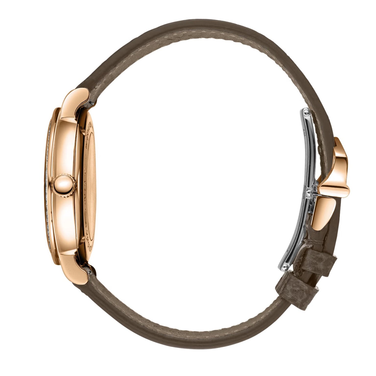 Side view of the IWC Schaffhausen Portofino Automatic Day & Night 34 wristwatch with a brown leather strap and a rose gold case, highlighting its clasp and elegant profile.