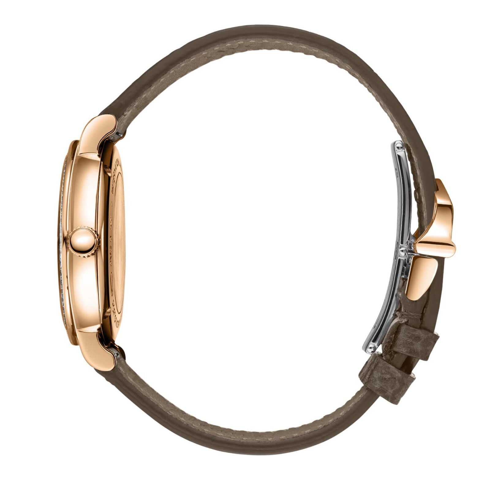 Side view of the IWC Schaffhausen Portofino Automatic Day & Night 34 wristwatch with a brown leather strap and a rose gold case, highlighting its clasp and elegant profile.