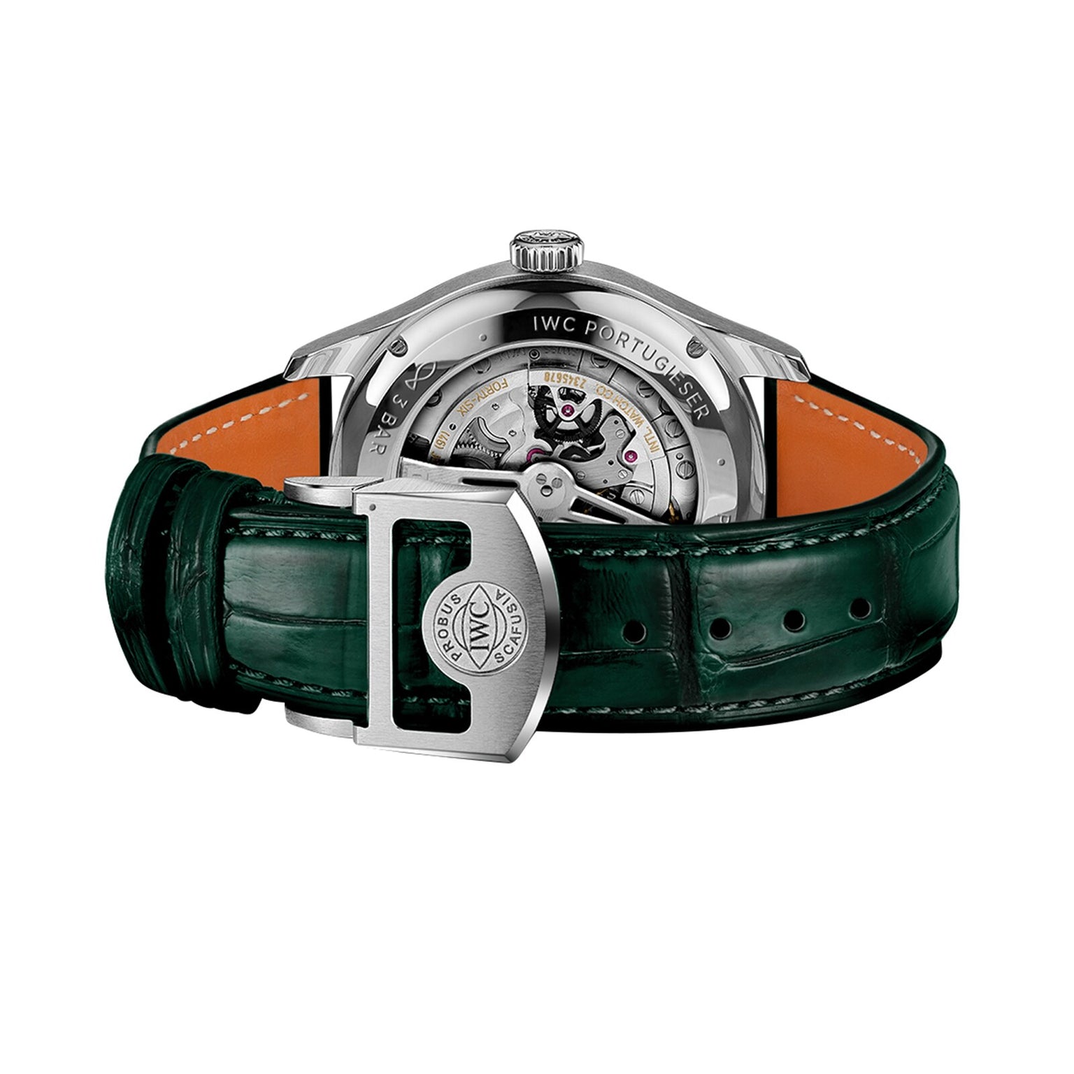 The IWC Schaffhausen Portugieser Perpetual Calendar 42 features haute horlogerie craftsmanship, a green leather strap, open case back showcasing the mechanical movement, and “IWC Portugieser” engraved on the case.