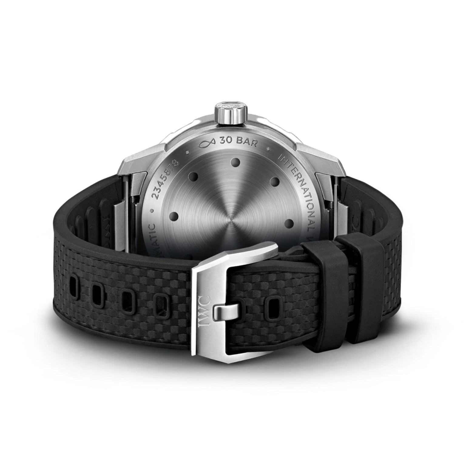 A close-up of the back of the IWC Schaffhausen Aquatimer Automatic, featuring a stainless steel case and a black textured rubber strap.
