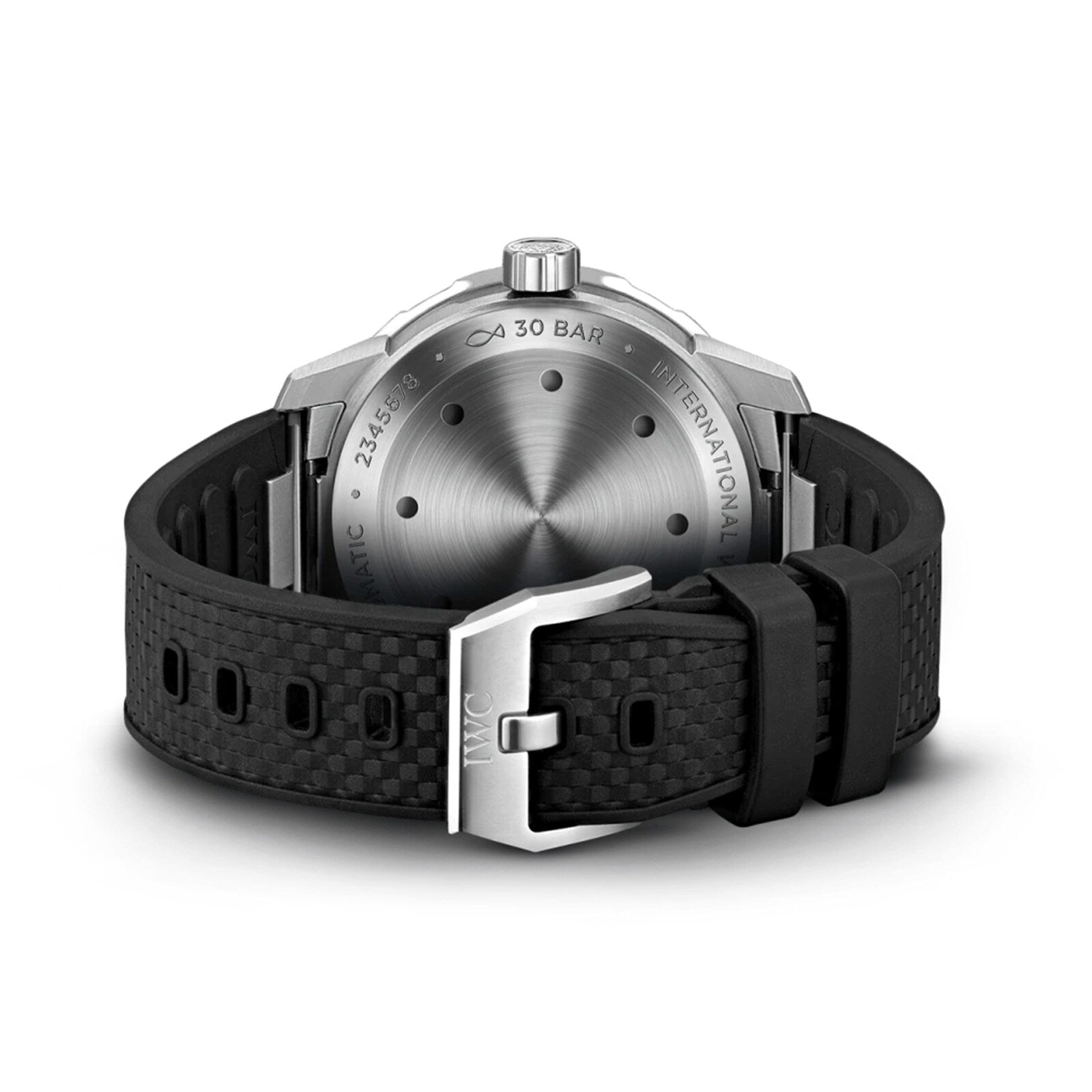 A close-up of the back of the IWC Schaffhausen Aquatimer Automatic, featuring a stainless steel case and a black textured rubber strap.