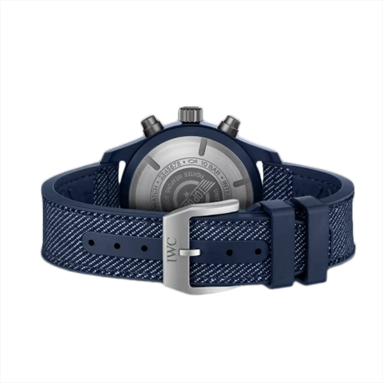A close-up of the back of the IWC Schaffhausen Pilots Watch Chronograph 41 Top Gun Oceana, highlighting its blue textured strap and a metal buckle engraved with IWC.