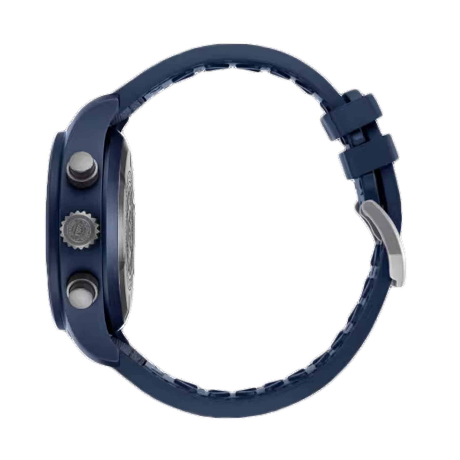 Side view of the blue IWC Schaffhausen Pilots Watch Chronograph 41 Top Gun Oceana, featuring the 69380 calibre, round face, two pushers, crown, and a buckle clasp on the strap.