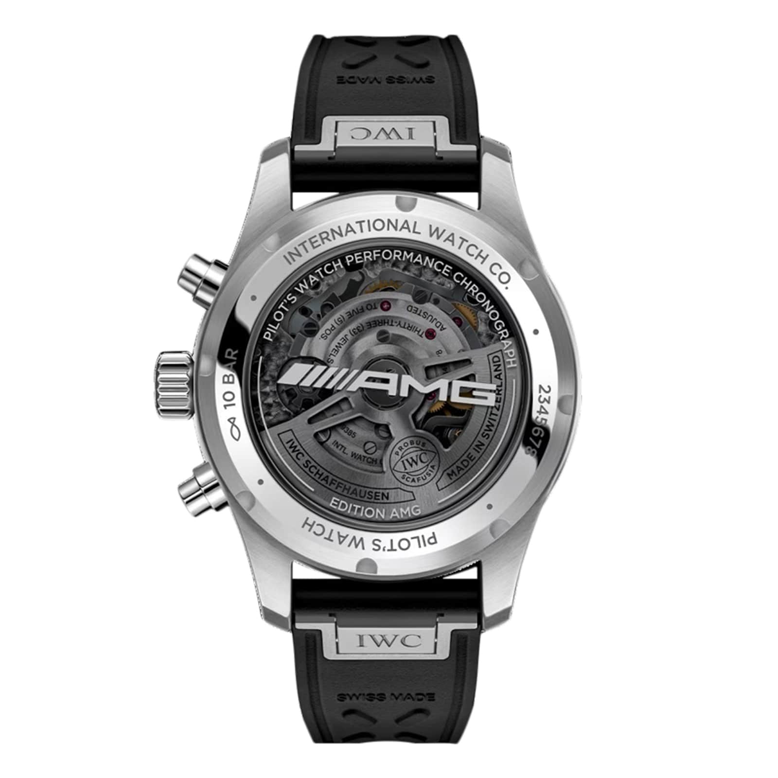 A close-up of the IWC Schaffhausen Pilots Watch Performance Chronograph 41 AMG shows its automatic movement through sapphire glass, with AMG and IWC branding on the titanium case.