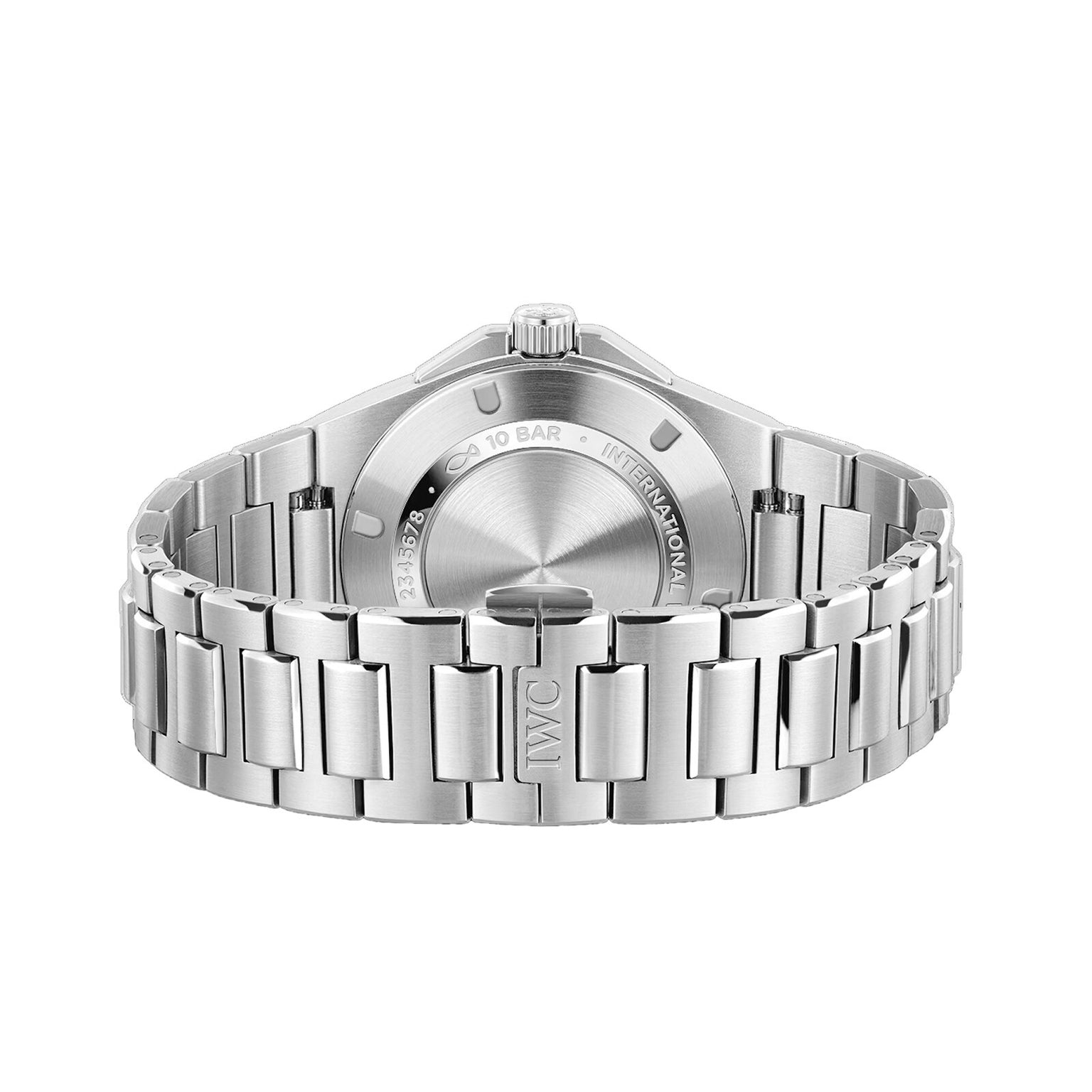 The IWC Schaffhausen Ingenieur Automatic 40 watch, featuring a stainless steel case and metal link bracelet, is shown from the back with its clasp and case back visible.