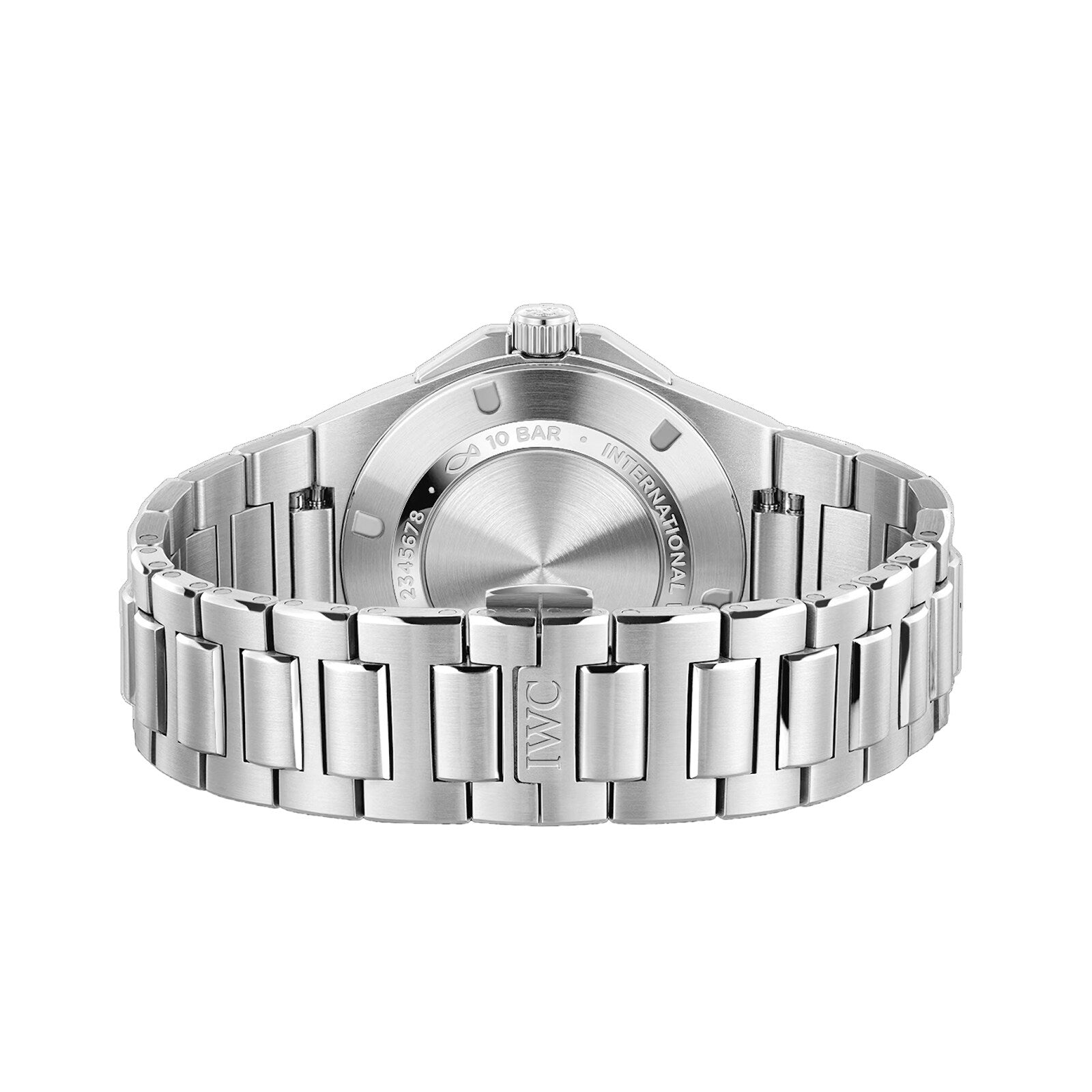 The IWC Schaffhausen Ingenieur Automatic 40 watch, featuring a stainless steel case and metal link bracelet, is shown from the back with its clasp and case back visible.
