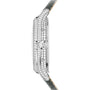 Side view of the Patek Philippe Complication 4948G-010, a slim silver watch featuring two diamond rows on the bezel and a patterned leather strap.