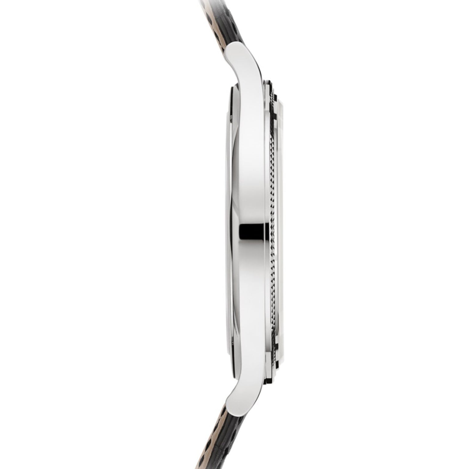 Side view of the slim Patek Philippe Calatrava 6119G-001 wristwatch, featuring a silver round case and metal strap, displayed against a white background.