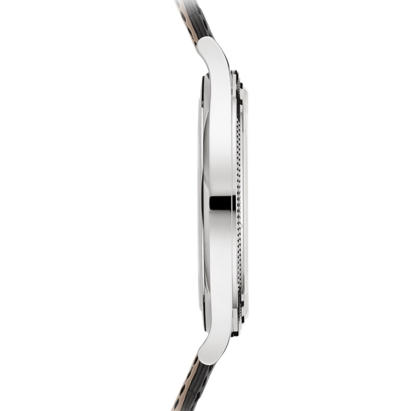 Side view of the slim Patek Philippe Calatrava 6119G-001 wristwatch, featuring a silver round case and metal strap, displayed against a white background.