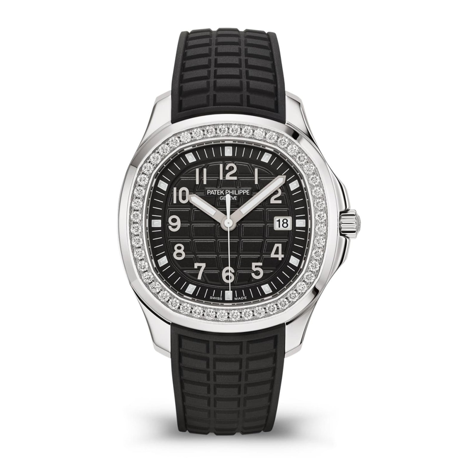 The Patek Philippe Aquanaut 5267/200A-001 is a luxury watch featuring a black dial, diamond bezel, black rubber strap, and silver hour markers.