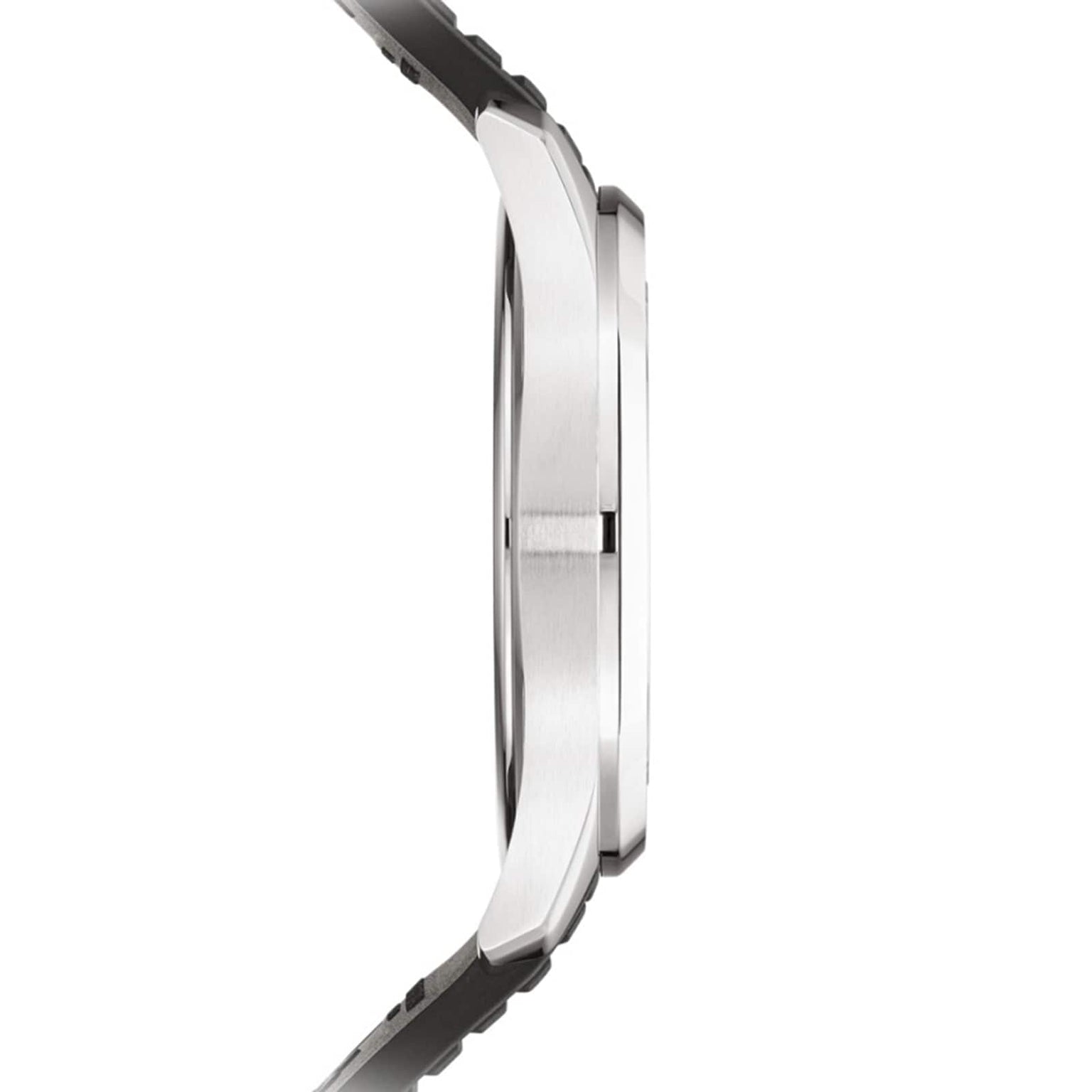 Side view of the Patek Philippe Aquanaut 5267/200A-001, a silver wristwatch with a black strap, displayed against a white background.