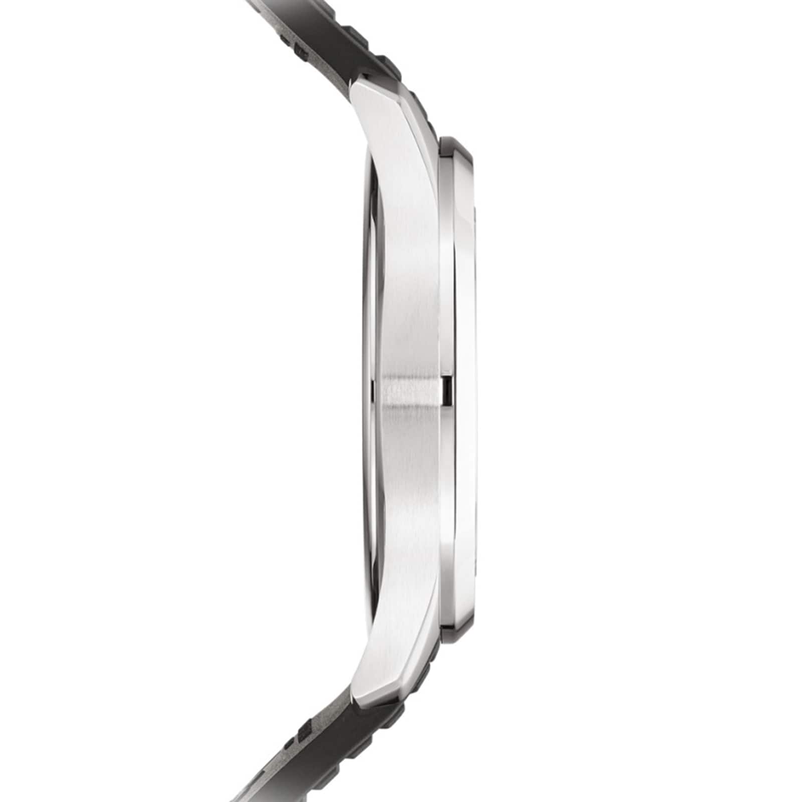 Side view of the Patek Philippe Aquanaut 5267/200A-001, a silver wristwatch with a black strap, displayed against a white background.