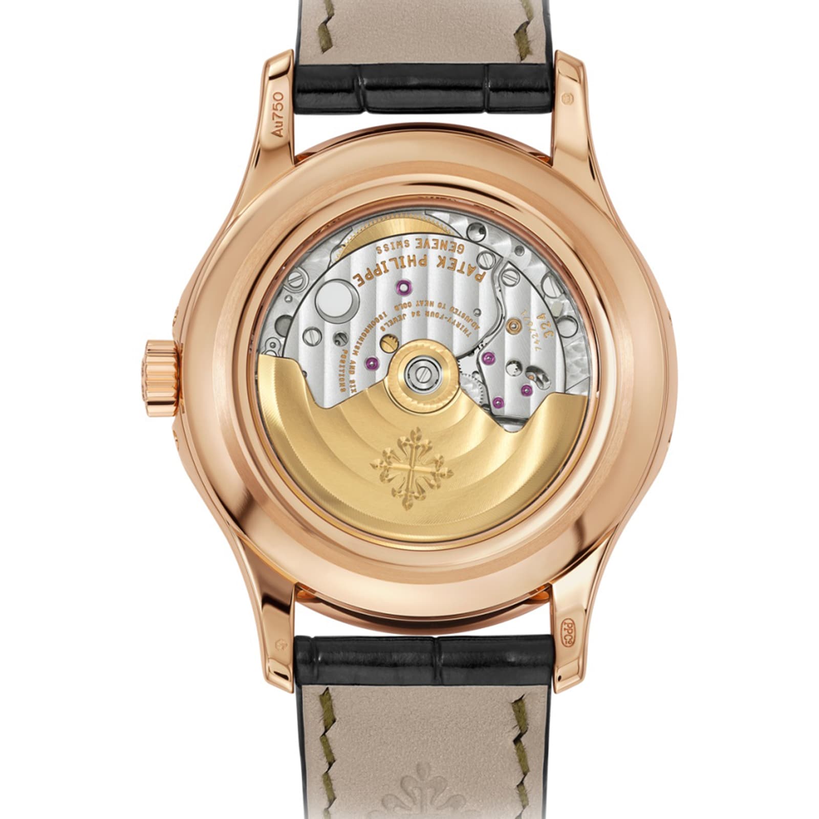 Close-up of the back of a Patek Philippe Complication 5205R-011 watch, showcasing its intricate mechanical movement.