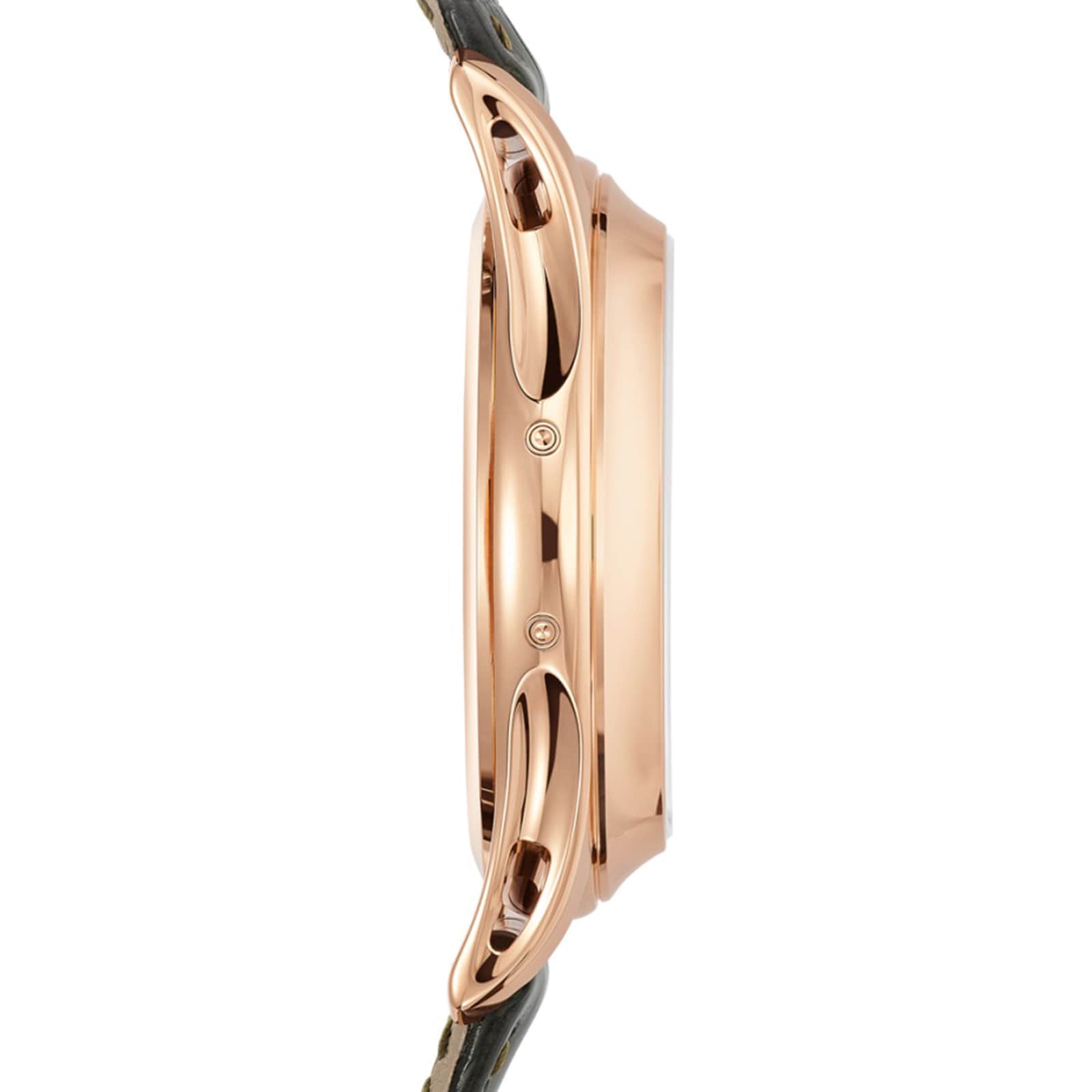 Side view of the Patek Philippe Complication 5205R-011, featuring a rose gold case with a dark strap, highlighting its slim profile and elegant lugs.