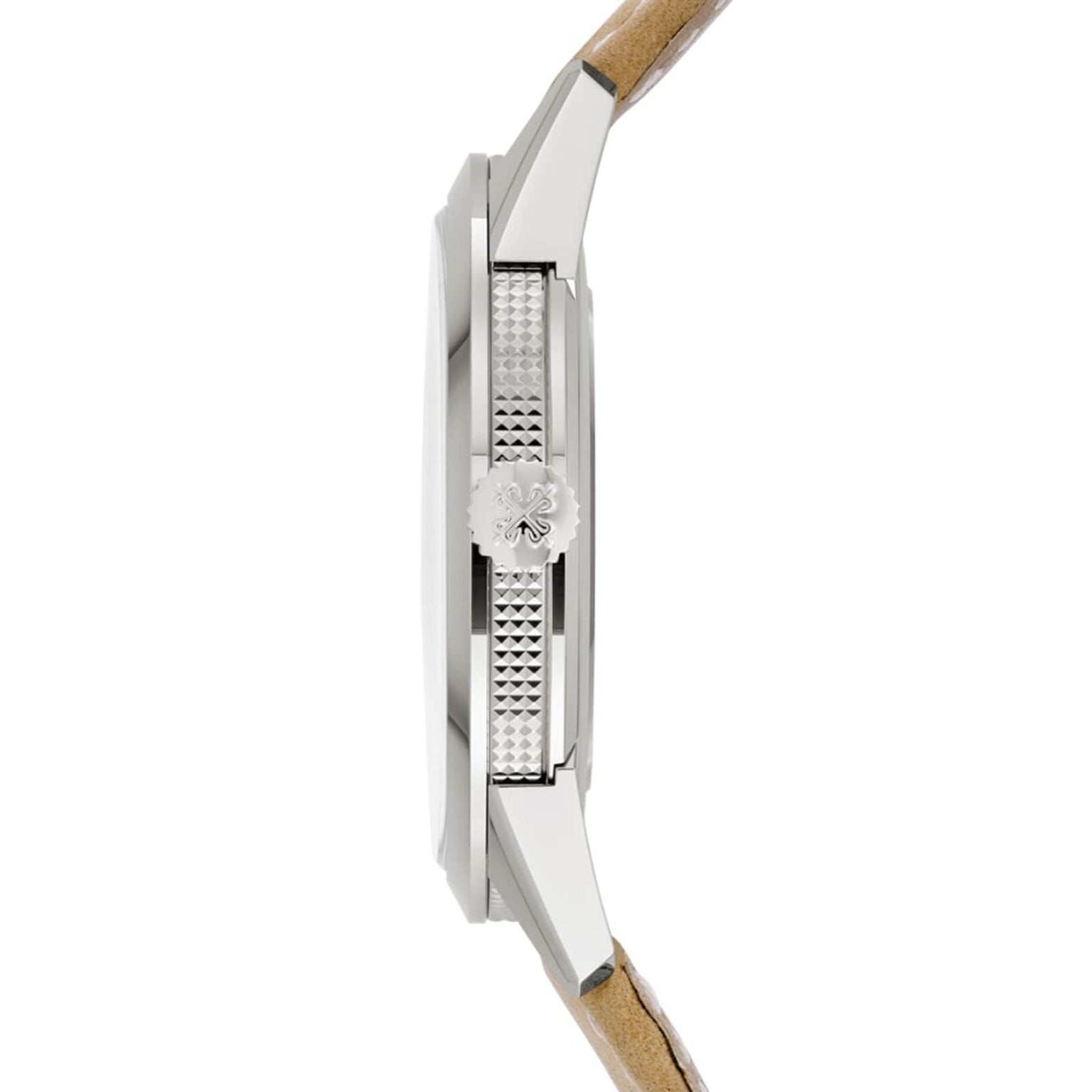 Side view of the Patek Philippe Calatrava 5226G-001, featuring a silver case, textured crown, and tan leather strap.