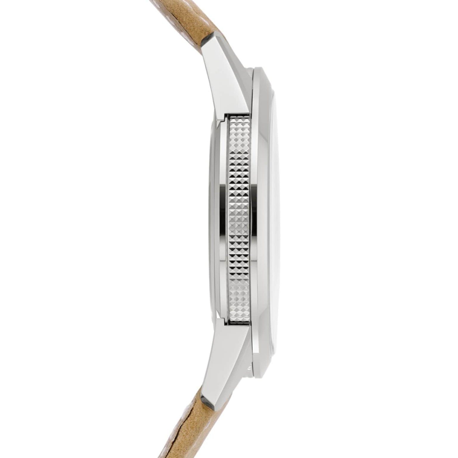 Side view of the Patek Philippe Calatrava 5226G-001, featuring a silver case with a textured bezel and a light brown leather strap.