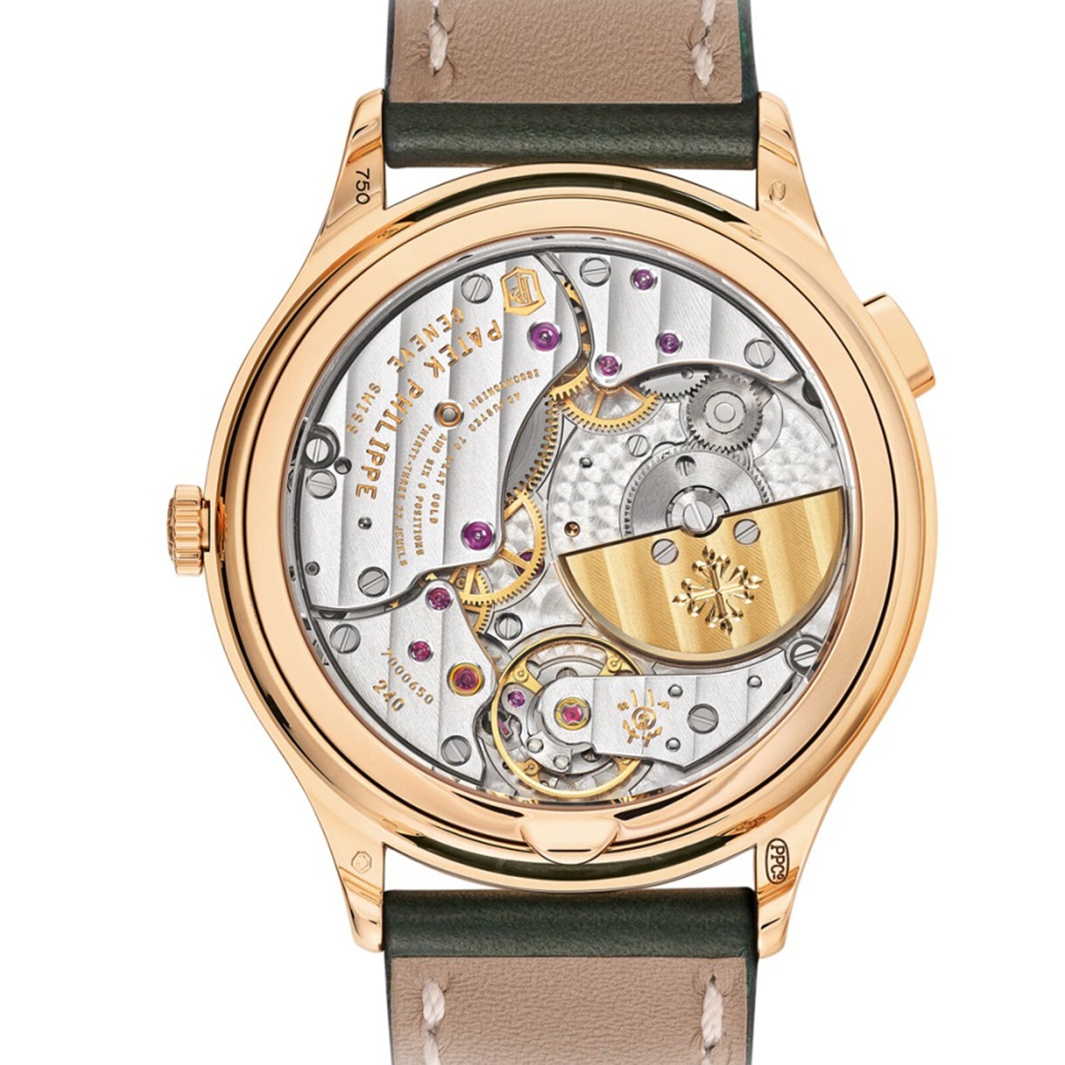 The Patek Philippe Complication 7130R-014 features a gold luxury case back revealing intricate mechanical movement and gears, complemented by an elegant leather strap.
