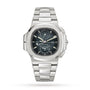 The Patek Philippe Nautilus 5990/1A-011 luxury wristwatch features a black dial with silver hour markers and a metal link bracelet, displayed on a white background.