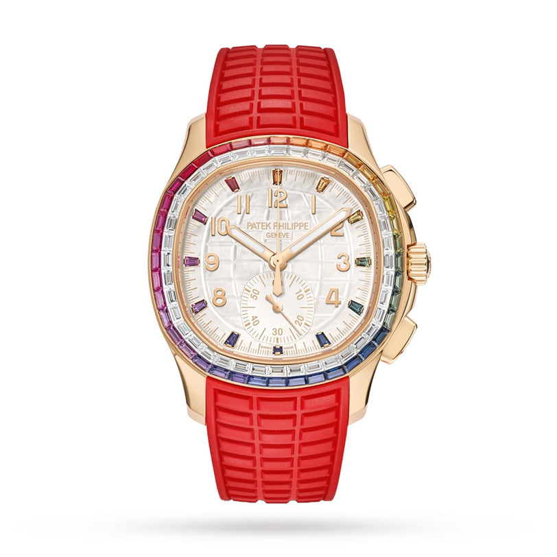 The Patek Philippe Aquanaut 7968/300R-001 features a rainbow gemstone bezel and a red textured rubber strap.