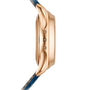 Side view of the Patek Philippe Complications 5905R-010 gold case, featuring a blue strap and two buttons visible on the right side.