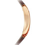 The Patek Philippe Gondolo 4962/200R-001 is a slim rose gold bracelet accented with red gemstones on a brown band, shown in a side view against a white background.