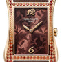 Close-up of the Patek Philippe Gondolo 4962/200R-001, featuring a floral-patterned brown dial and gem-set bezel.