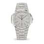 The Patek Philippe Nautilus 5811/1460G-001 is a luxury watch featuring diamonds on the face, bezel, and bracelet.