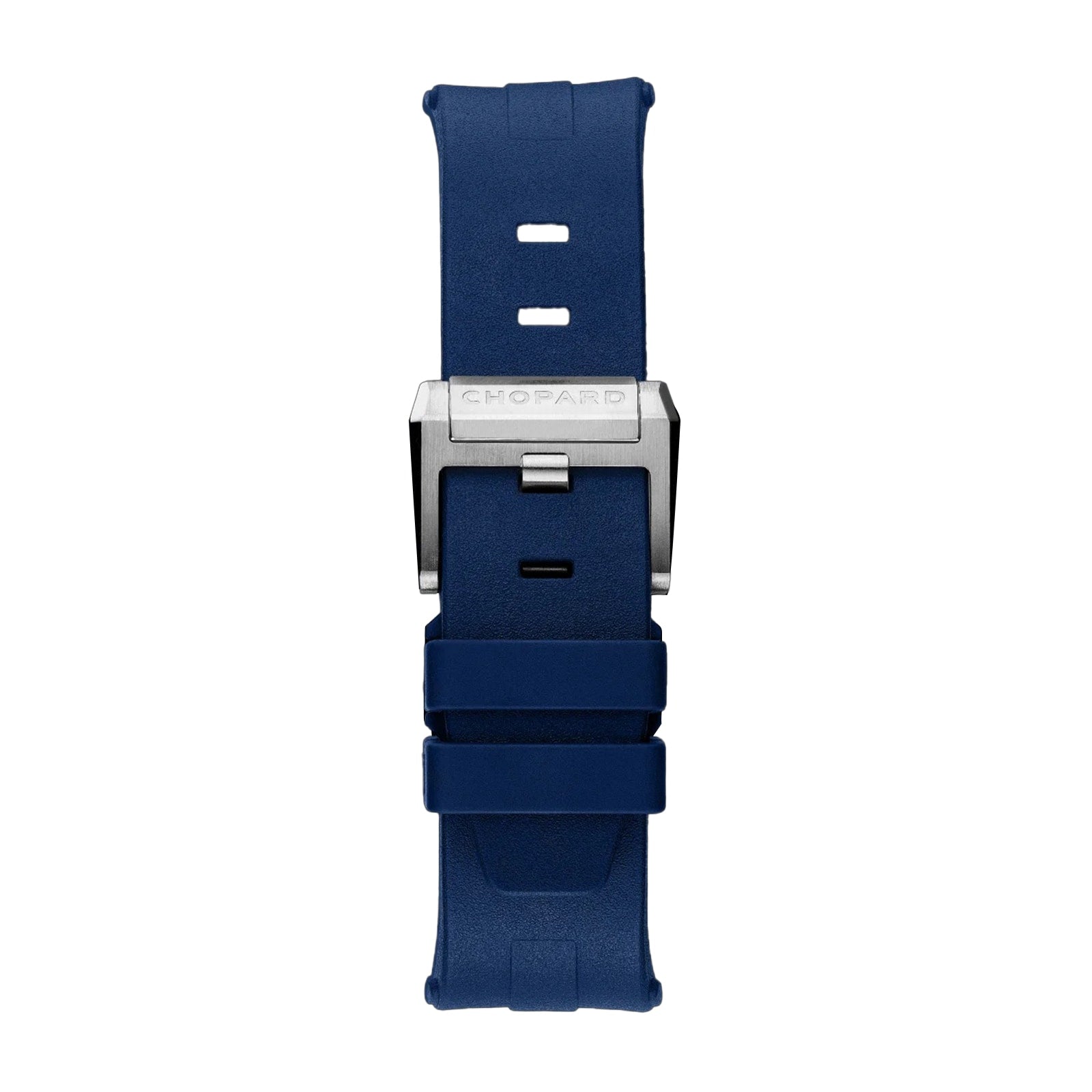A blue rubber watch strap for the Chopard Alpine Eagle XL Chrono, featuring a silver clasp engraved with Chopard and displayed vertically on a plain white background—showcasing Swiss craftsmanship.