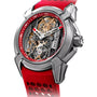 The Jacob & Co Epic X Titanium is a luxury watch featuring a red strap, exposed gears, and a silver case with red accents.