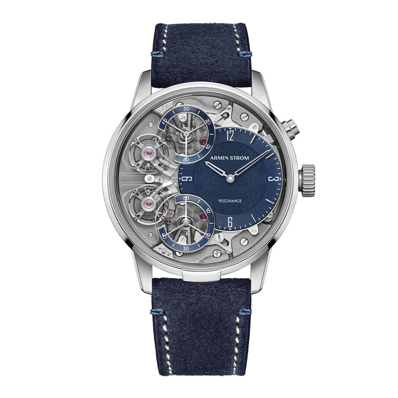 The Armin Strom Mirrored Force Resonance Manufacture Edition Blue features a blue dial, open gears, and a blue leather strap with white stitching.