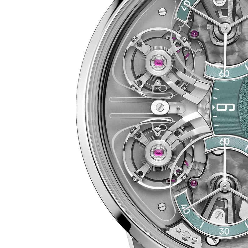 Close-up of the Armin Strom Mirrored Force Resonance Manufacture Edition Green watch face, showcasing visible gears, screws, and intricate silver and green mechanical details.