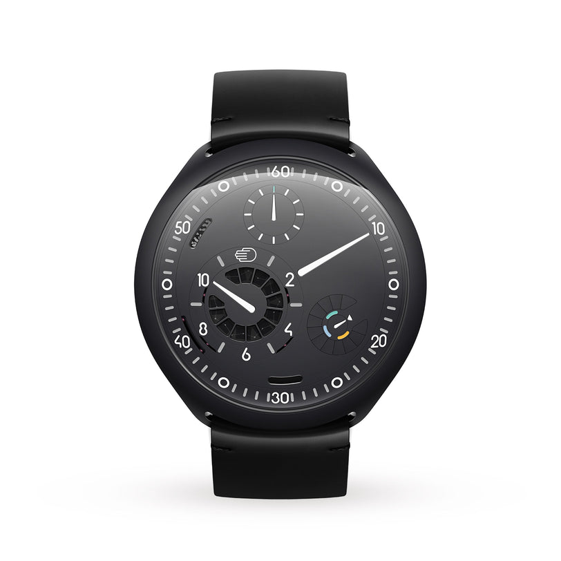 The Ressence TYPE 2 Anthracite is a modern black wristwatch featuring a unique, minimalistic dial with multiple subdials and markers.