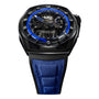 The HYT Hastroid Supernova Blue is a luxury wristwatch featuring a black and blue skeleton dial and a blue suede strap.