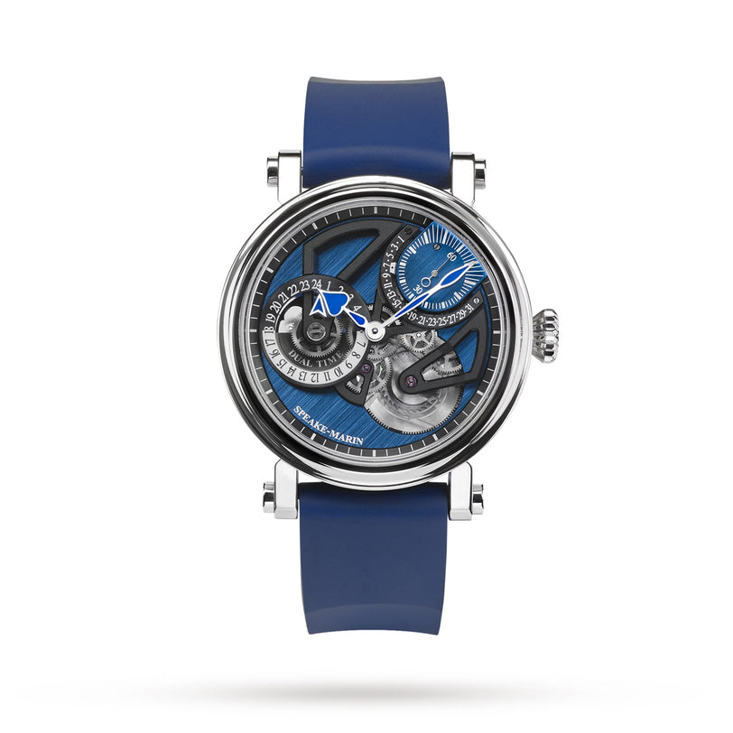 The Speake Marin Dual Time Watches of Switzerland Group Edition Blue features a blue strap, open-work dial, and silver detailing, showcasing its intricate inner mechanisms.