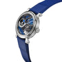 Speake Marin Dual Time Watches of Switzerland Group Edition Blue features a silver skeleton dial, blue strap, exposed gears, and blue hands set against a white background.