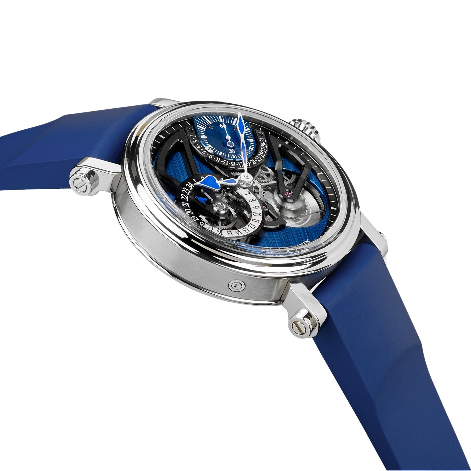 The Speake Marin Dual Time Watches of Switzerland Group Edition Blue features a blue strap, exposed gears, and a blue and silver dial, shown from a side angle.