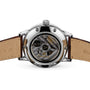 The back view of the Grand Seiko Automatic GMT Elegance reveals its automatic movement through a transparent case back, complemented by brown leather straps.