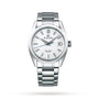 The Grand Seiko Hi-Beat 80 Hours Evolution 9 is a stainless steel watch with a textured white dial, silver markers, Calibre 9SA5 movement, date at 3 oclock, and metal link bracelet, shown on a white background.