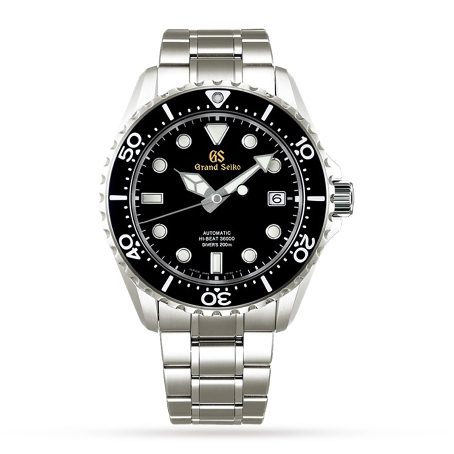 The Grand Seiko Hi-Beat Sport is a stainless steel dive watch with a black dial, white markers, date window at 3 o’clock, and silver bracelet. This precise, water-resistant model is ideal for reliable underwater performance.