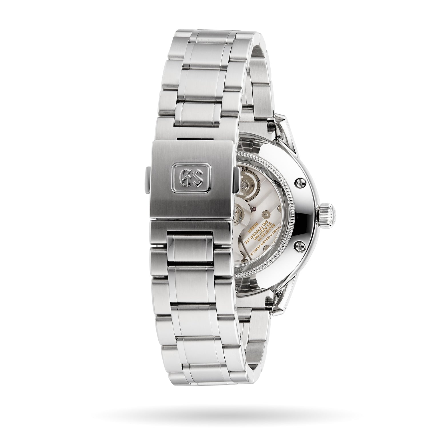 A Grand Seiko Hi-Beat GMT Elegance stainless steel watch with a clasp engraved logo, displaying its Calibre 9S86 movement through a transparent case back.