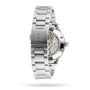 A Grand Seiko Hi-Beat GMT Elegance stainless steel watch with a clasp engraved logo, displaying its Calibre 9S86 movement through a transparent case back.