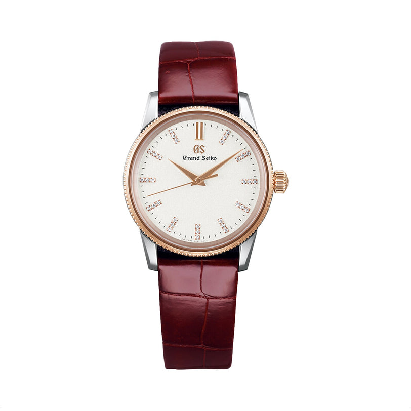 The Grand Seiko Quartz Elegance features a white dial, gold bezel, and burgundy leather strap.