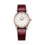 The Grand Seiko Quartz Elegance features a white dial, gold bezel, and burgundy leather strap.