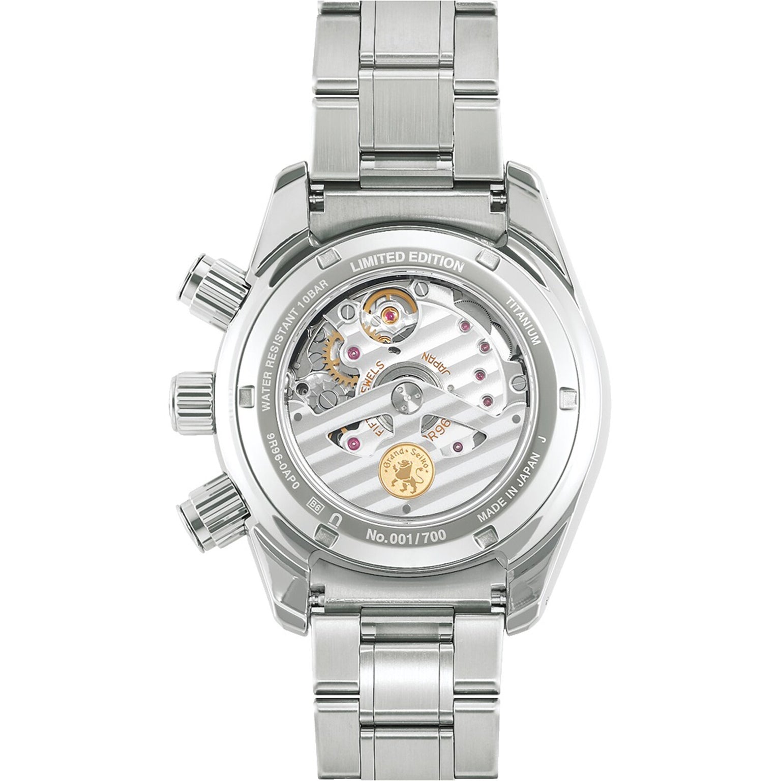 Back view of the Grand Seiko Spring Drive Chronograph Sport reveals its intricate mechanical movement, labeled “LIMITED EDITION” and numbered “001/700,” showcasing the craftsmanship found in exclusive Grand Seiko timepieces.