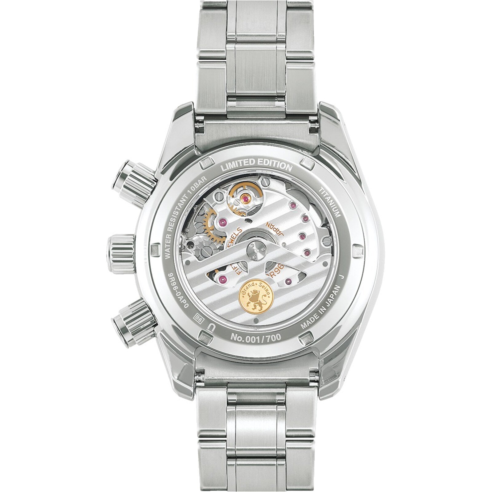 Back view of the Grand Seiko Spring Drive Chronograph Sport reveals its intricate mechanical movement, labeled “LIMITED EDITION” and numbered “001/700,” showcasing the craftsmanship found in exclusive Grand Seiko timepieces.