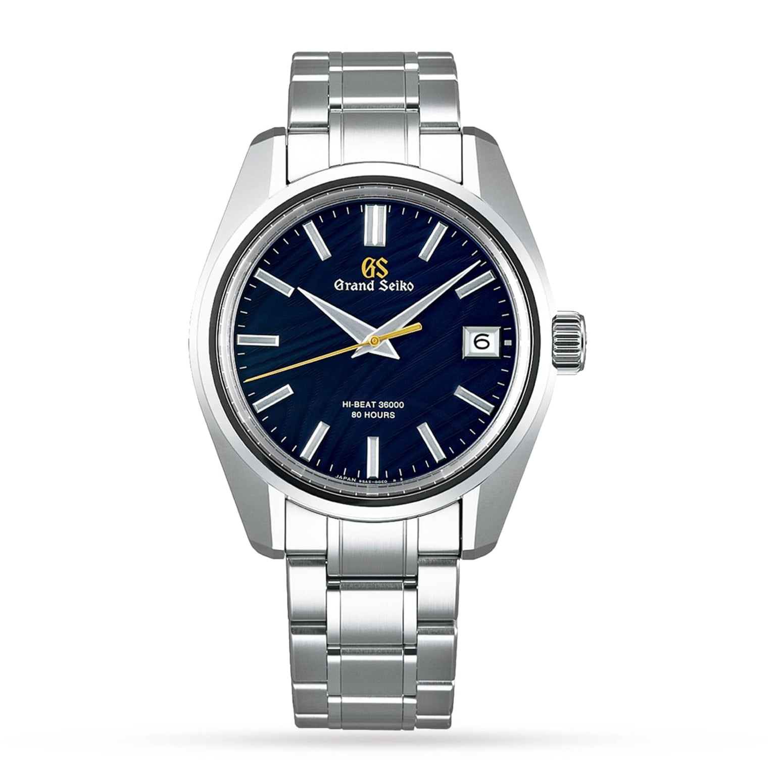 The Grand Seiko Hi-Beat Heritage is a handmade stainless steel wristwatch from Japan, featuring a blue dial, silver markers, date at 3 o’clock, and metal bracelet—celebrated for its precision and timeless design.