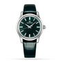 The Grand Seiko Manual Elegance features a dark green leather strap, stainless steel case, and green textured dial with silver hour markers—a fine mechanical watch crafted by TAKUMI artisans.