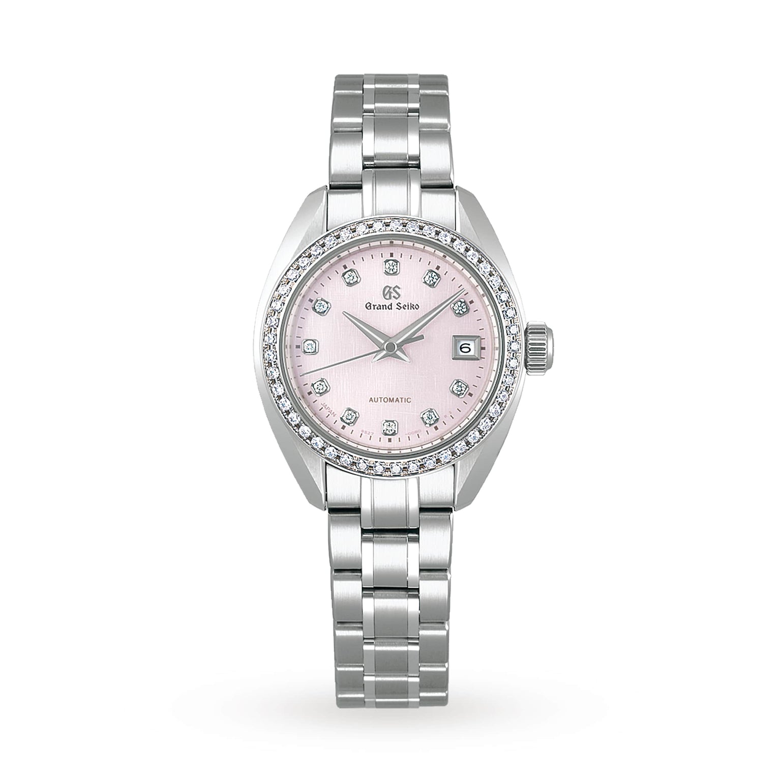 The Grand Seiko Ladies Automatic Elegance features a silver case, pink dial with diamond hour markers, and a metal bracelet.