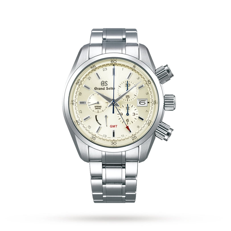 The Grand Seiko Spring Drive Chronograph Sport watch in stainless steel features a cream dial with three sub-dials, date window, and metal bracelet, showcased elegantly against a plain white background.